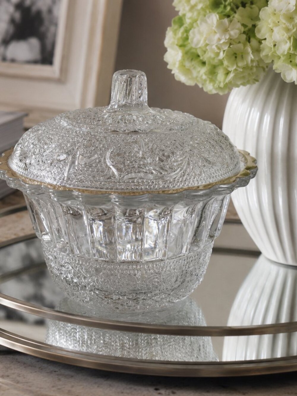 Vintage Pressed Glass Covered Candy Dish with Gold Trim | Decorative Trinket Jar
